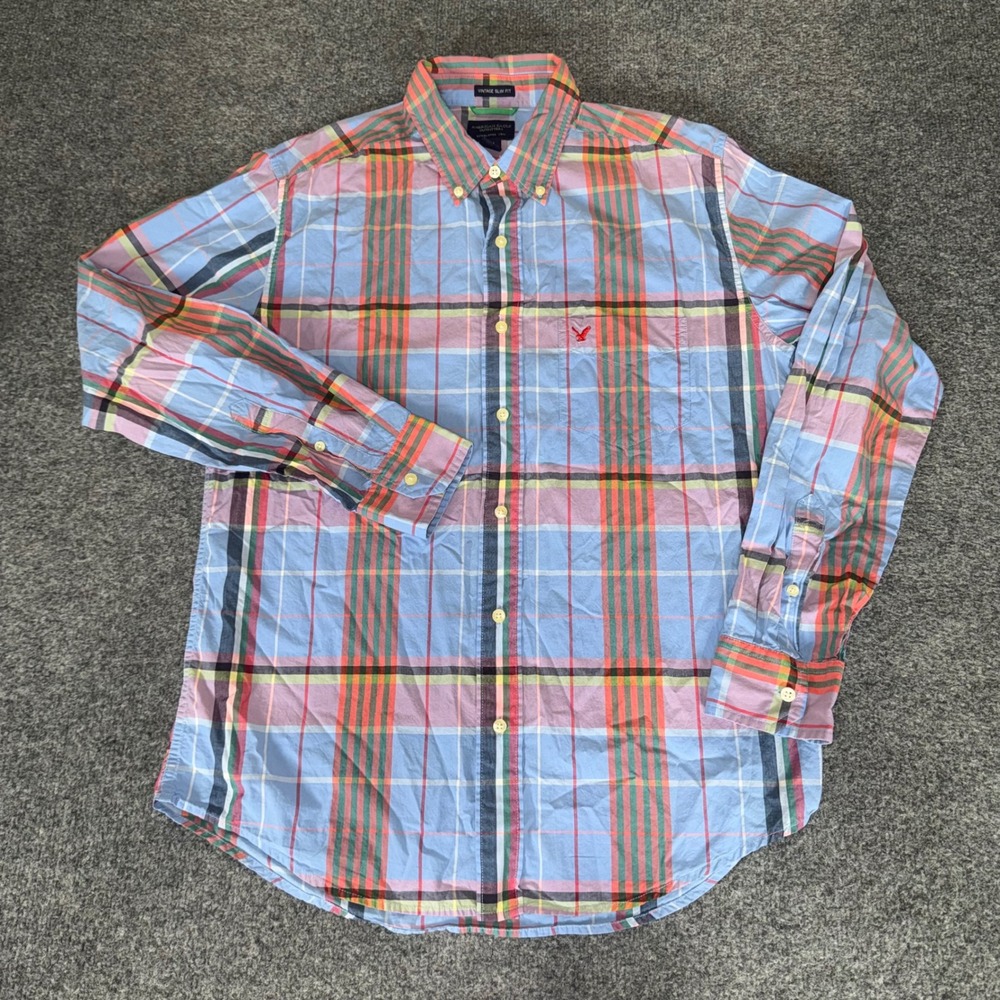 American Eagle Outfitters Mens Vintage Slim Fit Plaid Button Down Shirt Blue M